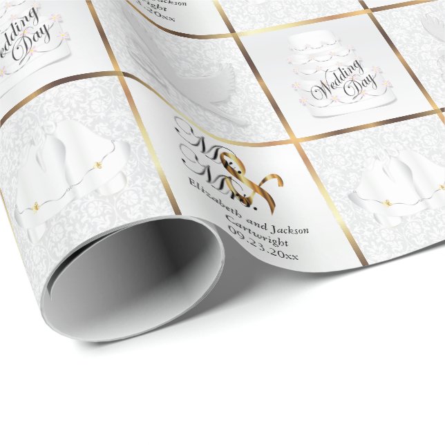 White Wedding Day Doves, Bells and Cake Wrapping Paper (Roll Corner)