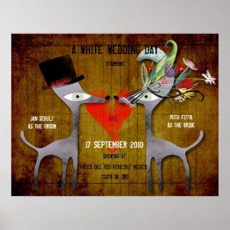 White wedding day invitation groom bride vintage poster