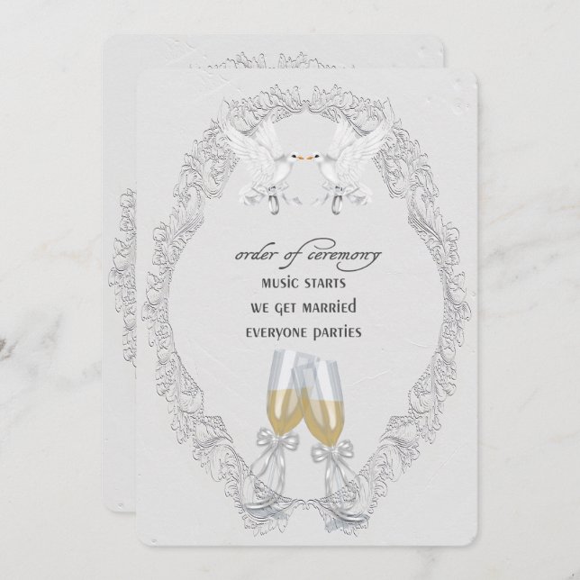 White Wedding Doves and Champagne Toast Invitation (Front/Back)
