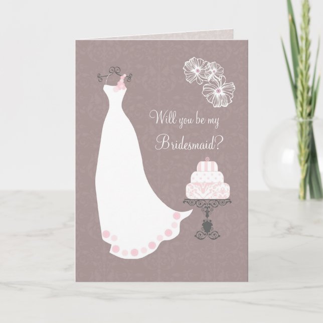 White Wedding dress and cake Bridesmaid Request Invitation (Front)