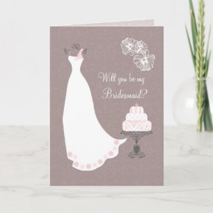 White Wedding dress and cake Bridesmaid Request Invitation