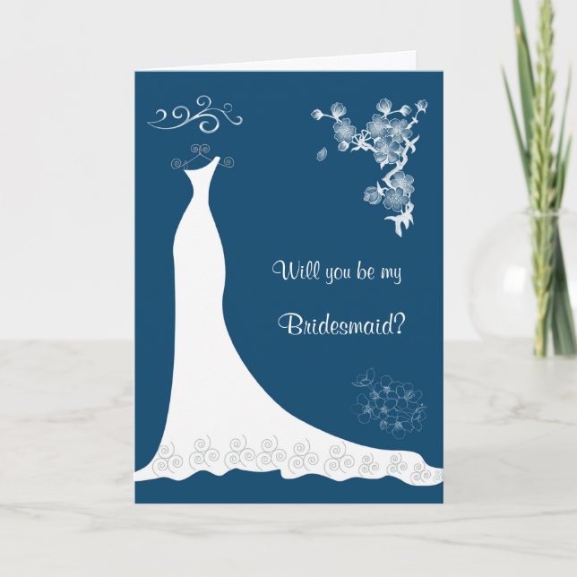 White Wedding dress, blossom on blue Bridesmaid Invitation (Front)