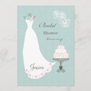 White wedding dress, cake on aqua  Bridal Shower Invitation