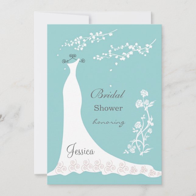 White wedding dress on aquamarine Bridal Shower Invitation (Front)