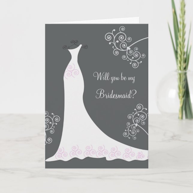 White Wedding dress on black Bridesmaid Request Invitation (Front)