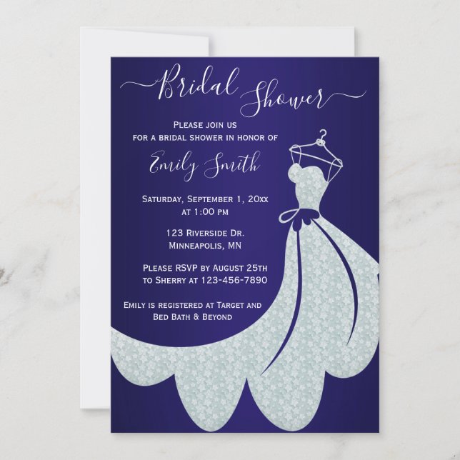 White Wedding Dress on Navy Blue Bridal Shower Invitation (Front)