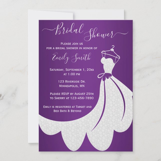 White Wedding Dress on Purple Bridal Shower Invitation (Front)
