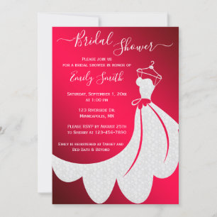 White Wedding Dress on Red Bridal Shower Invitation