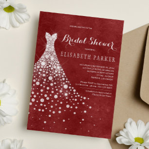 White Wedding Dress Red Burgundy Bridal Shower Invitation
