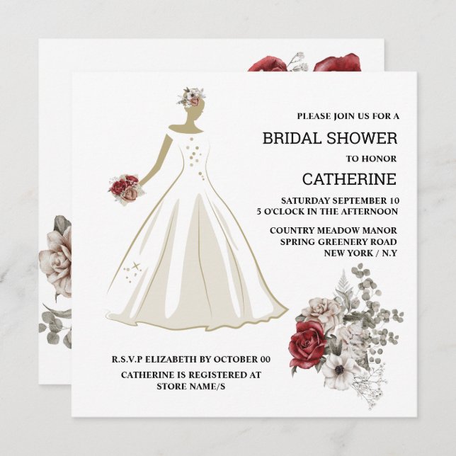 White wedding dress red rose floral flower chic invitation (Front/Back)
