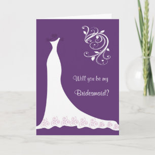 White Wedding dress, swirls on purple Bridesmaid Invitation