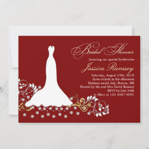 White wedding dress, swirls on red Bridal Shower Invitation