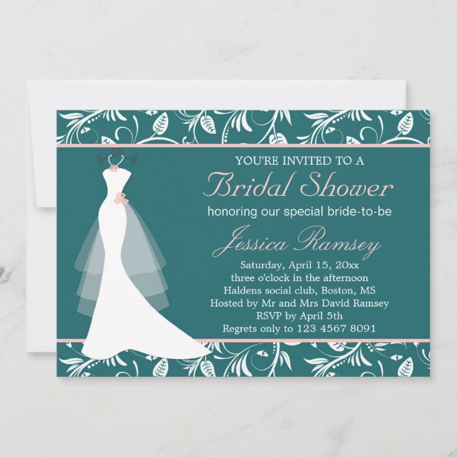 White wedding dress, teal Bridal Shower Invitation (Front)