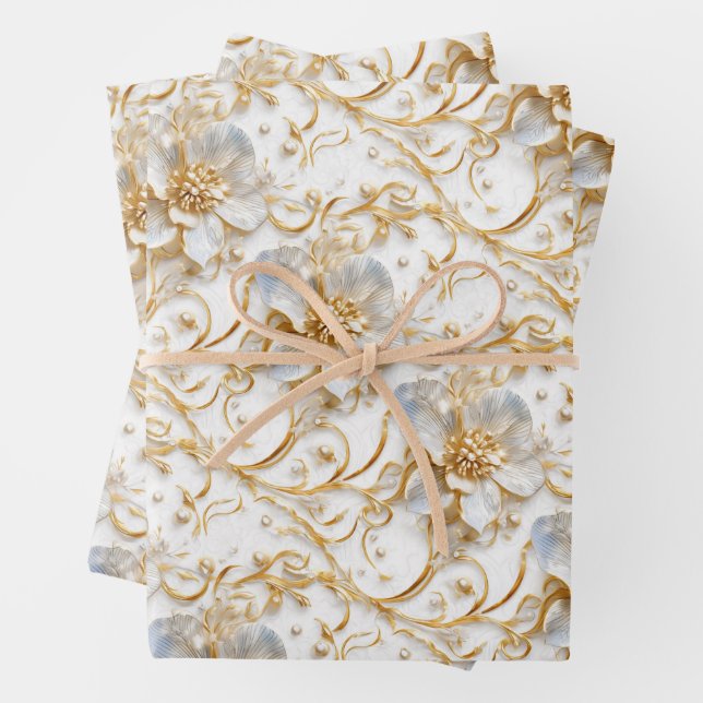 White wedding floral pattern elegant gold blossom  wrapping paper sheet (In situ)
