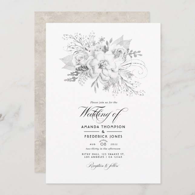 White Wedding Floral Photo Invitation (Front/Back)