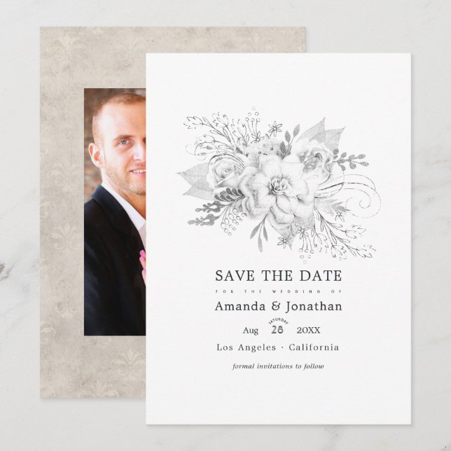 White Wedding Floral Photo Save The Date (Front/Back)