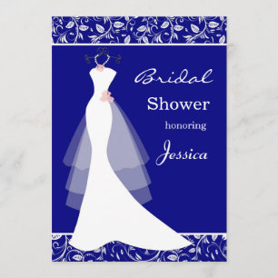 White wedding gown on royal blue  Bridal Shower Invitation