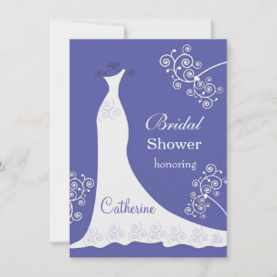 White wedding gown, swirls on blue Bridal Shower Invitation