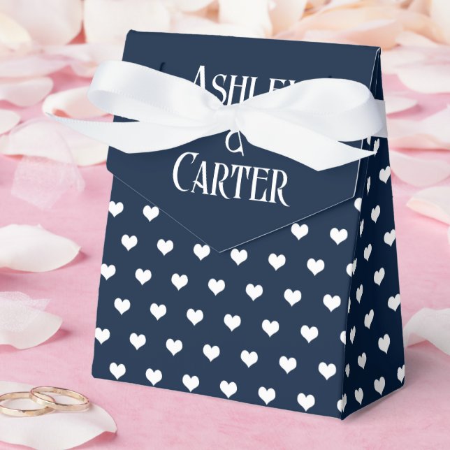 White Wedding Hearts On Navy Blue Favour Box (Wedding)