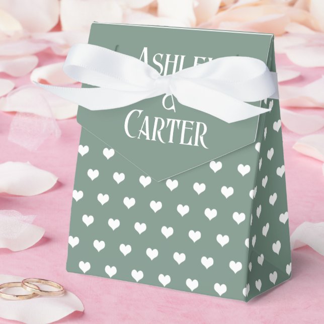 White Wedding Hearts On Sage Green Favour Box (Wedding)