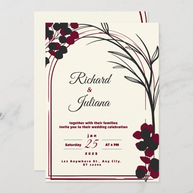 white wedding invitation with burgundy flowers (Front/Back)