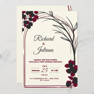 white wedding invitation with burgundy flowers