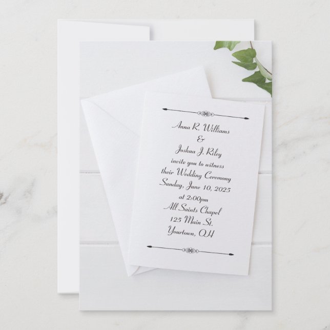 white wedding invitation with envelope with ivy (Front)