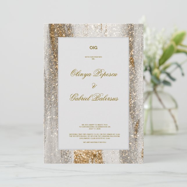White Wedding Invitation with Gold Brush Strokes (Standing Front)