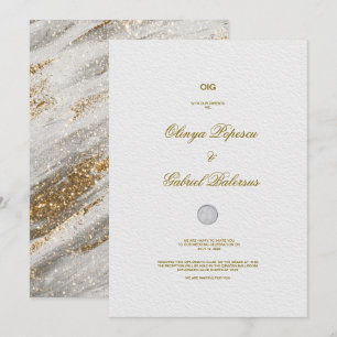 White Wedding Invitation with Gold Brush Strokes