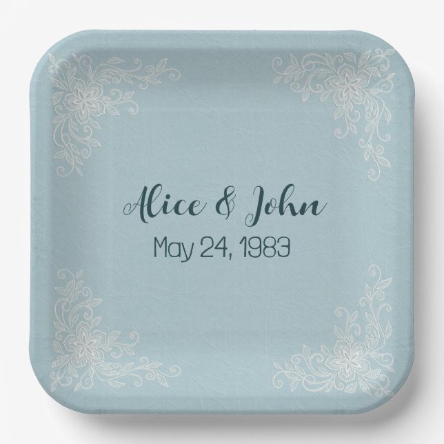 White Wedding Lace Corners Paper Plate (Front)