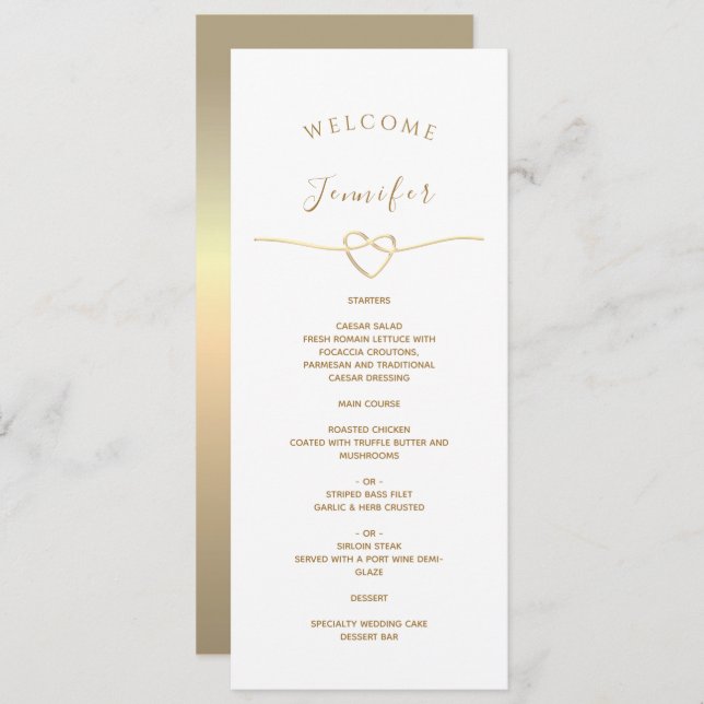 White Wedding Menu with Name & Gold Heart (Front/Back)