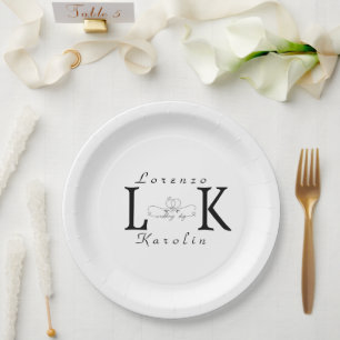 White Wedding Monogram Simple Elegant Minimalist  Paper Plate