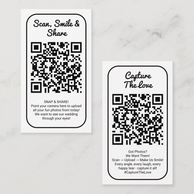 White Wedding Photo Sharing Capture Love QR Code  Business Card (Front/Back)