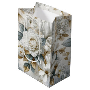 White Wedding Rose Design Medium Gift Bag