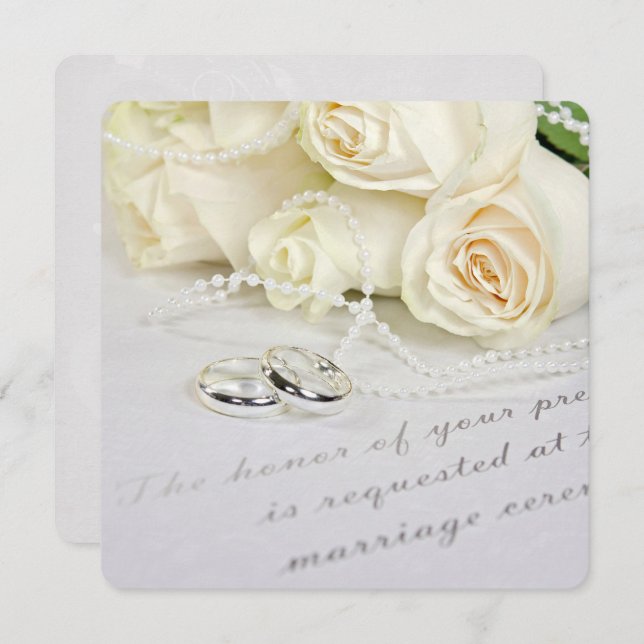 White Wedding Roses and Rings Invitation (Front/Back)