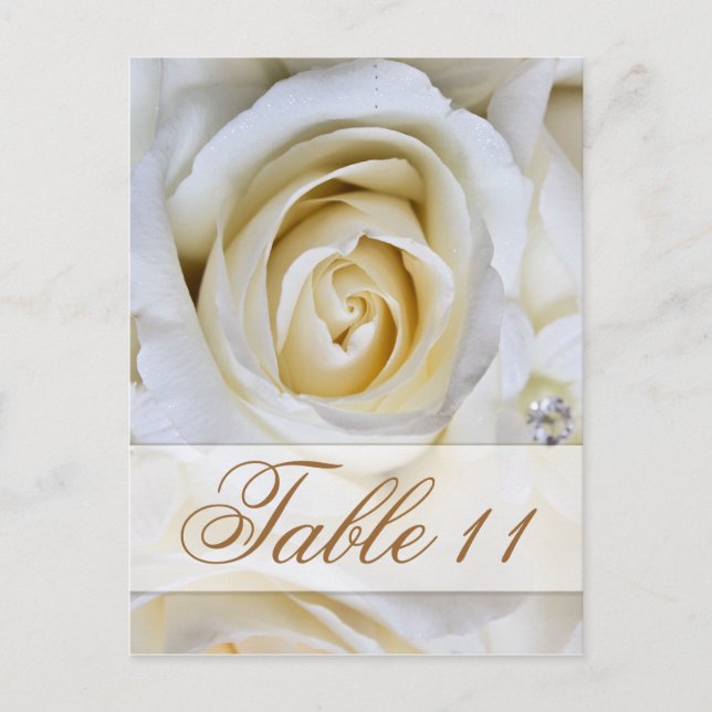 White Wedding Roses Reception Table Number Cards (Front)