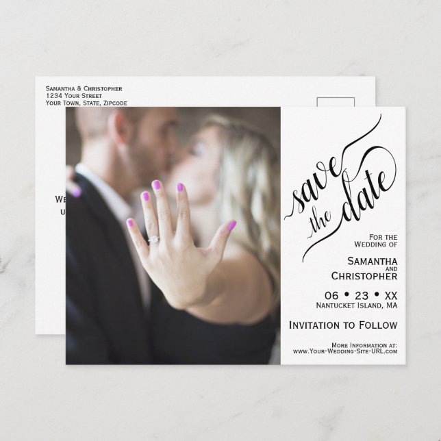 White Wedding Save the Date Photo & Calligraphy Announcement Postcard (Front/Back)
