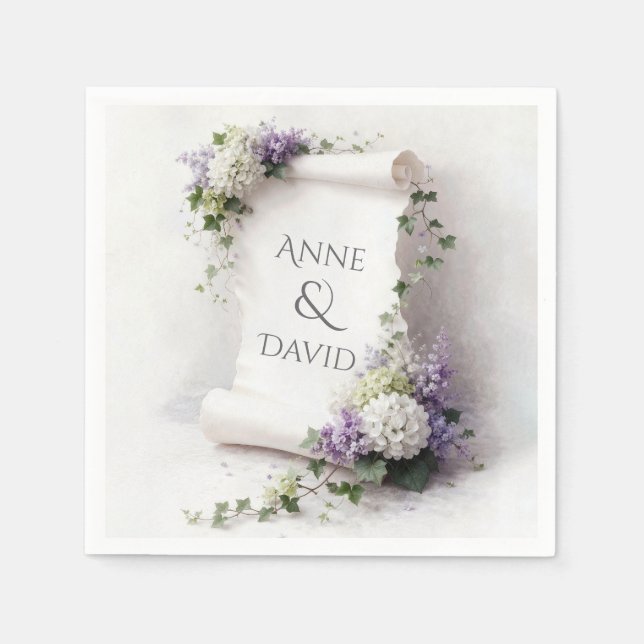White Wedding Scroll with Floral Border  Napkin (Front)