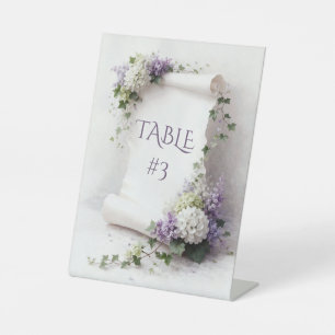 White Wedding Scroll with Lilacs and Hydrangeas Pedestal Sign