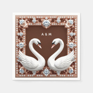 White Wedding Swans Diamond Heart Ornate Romantic Napkin