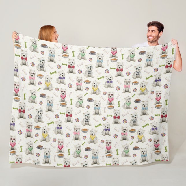 White Westies with Accessories Whimsical Fleece Blanket (In Situ)