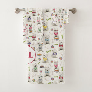 White Westies with Accessories Whimsical Monogram Bath Towel Set