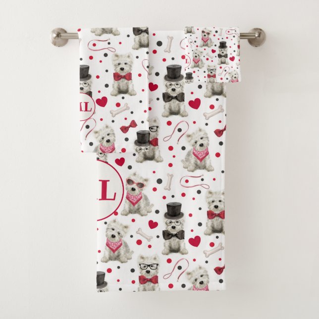 White Westies with Accessories Whimsical Monogram Bath Towel Set (Insitu)
