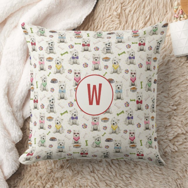 White Westies with Accessories Whimsical Monogram Cushion (Blanket)