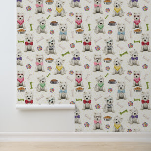 White Westies with Accessories Whimsical Wallpaper