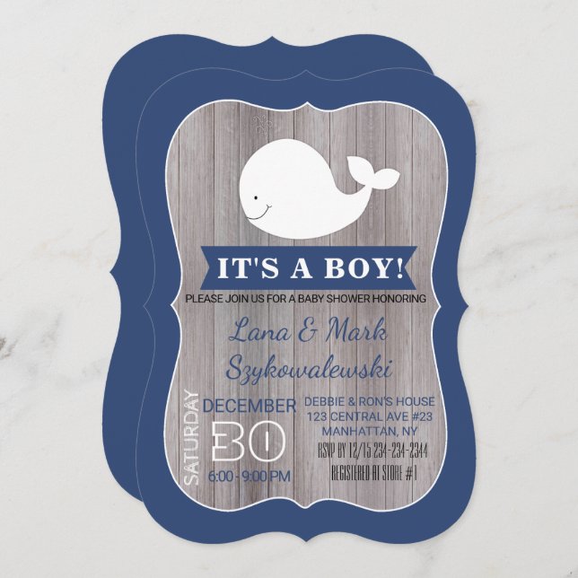 White Whale Ahoy Navy Blue Rustic Shower Invite (Front/Back)
