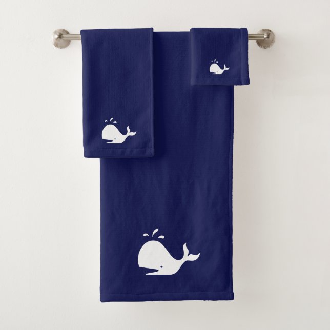 White Whale Fish on Navy Blue Bath Towel Set (Insitu)
