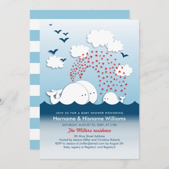 White Whales Cute Couples Baby Shower Invite (Front/Back)