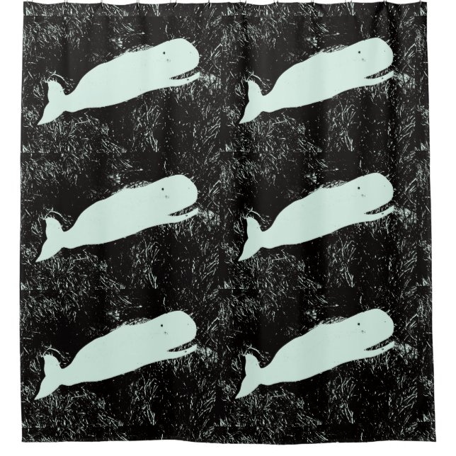 white whales on black pattern shower curtain (Front)