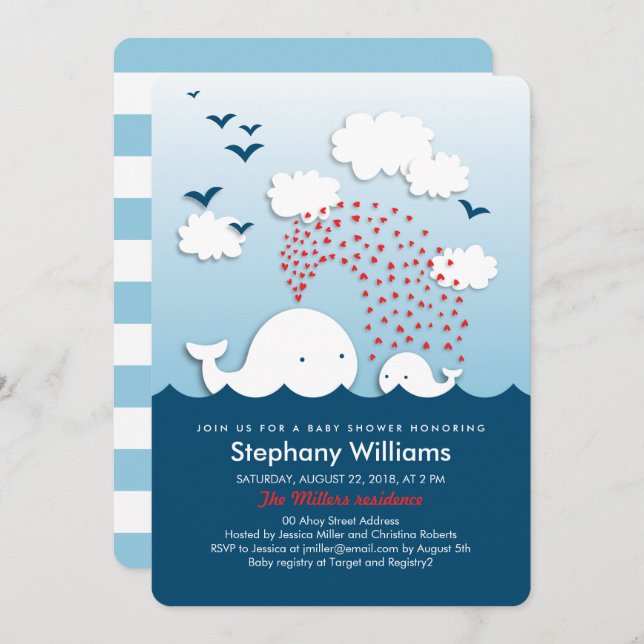 White Whales Stylish Baby Shower Invite Rounded (Front/Back)